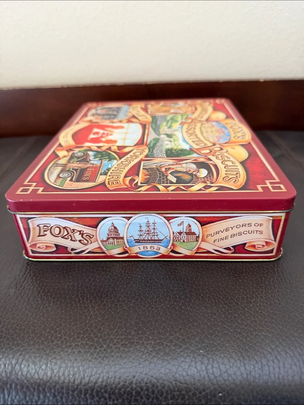 Vintage Fox's Famous Assorted Biscuits Tin Features Nostalgic Heritage Artwork